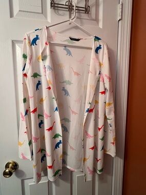SHEIN White Open-Front Cardigan with Multicolor Dinosaur Print